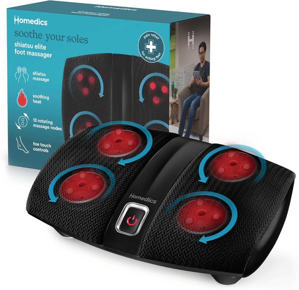 Masajeador eléctrico de pies con calor suave y 12 cabezales giratorios para relajación y masaje plantar en el hogar.