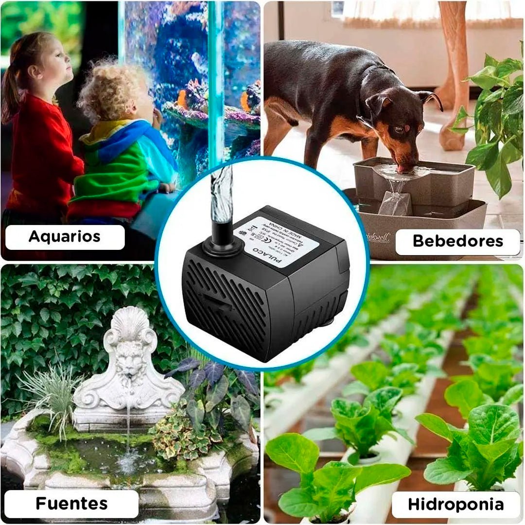 Motor sumergible para fuente de agua de 5W con caudal de 350 L/h y regulador de flujo para fuentes decorativas.