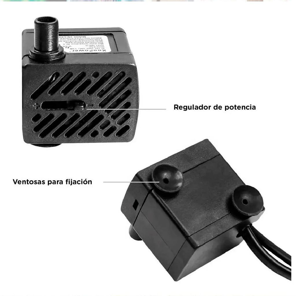 Motor sumergible para fuente de agua de 5W con caudal de 350 L/h y regulador de flujo para fuentes decorativas.