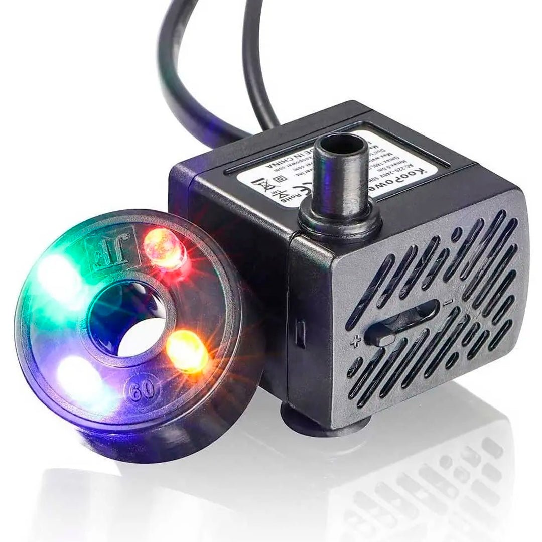 Motor sumergible para fuente de agua de 5W con caudal de 350 L/h y regulador de flujo para fuentes decorativas.