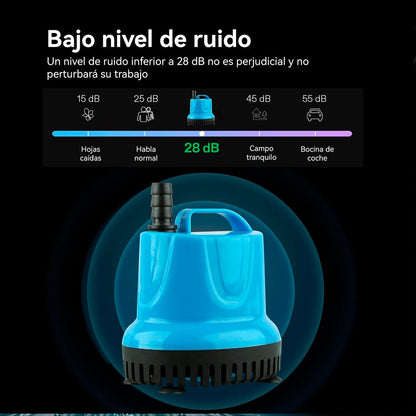 Bomba de agua sumergible de 18W para acuarios, fuentes y estanques con eje cerámico y funcionamiento silencioso.