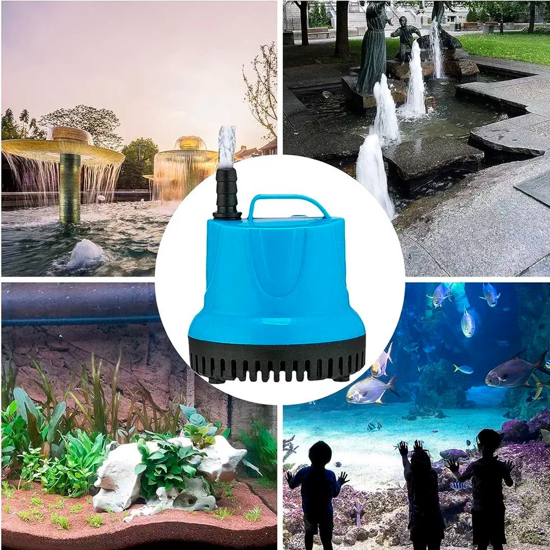 Bomba de agua sumergible de 18W para acuarios, fuentes y estanques con eje cerámico y funcionamiento silencioso.