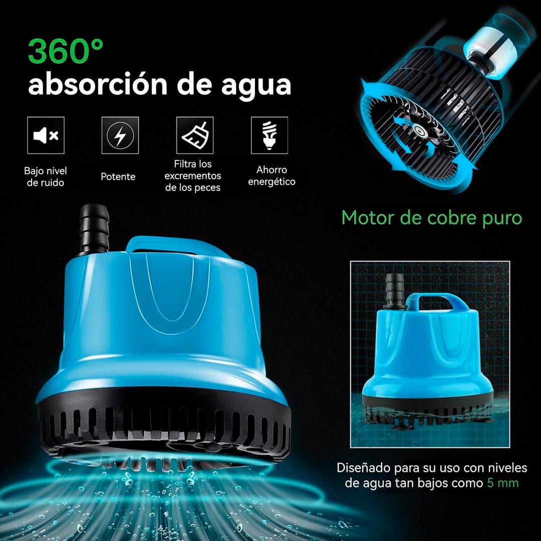 Bomba de agua sumergible de 18W para acuarios, fuentes y estanques con eje cerámico y funcionamiento silencioso.