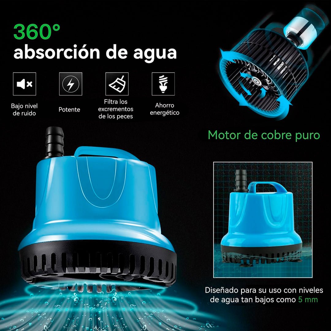 Bomba de agua sumergible de 18W para acuarios, fuentes y estanques con eje cerámico y funcionamiento silencioso.