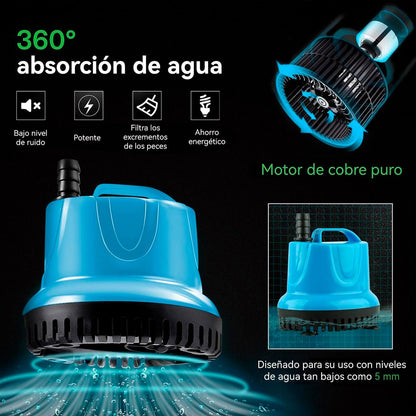 Bomba de agua sumergible de 18W para acuarios, fuentes y estanques con eje cerámico y funcionamiento silencioso.