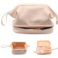 Neceser organizador de cosméticos doble capa impermeable color beige para maquillaje y productos de cuidado personal.