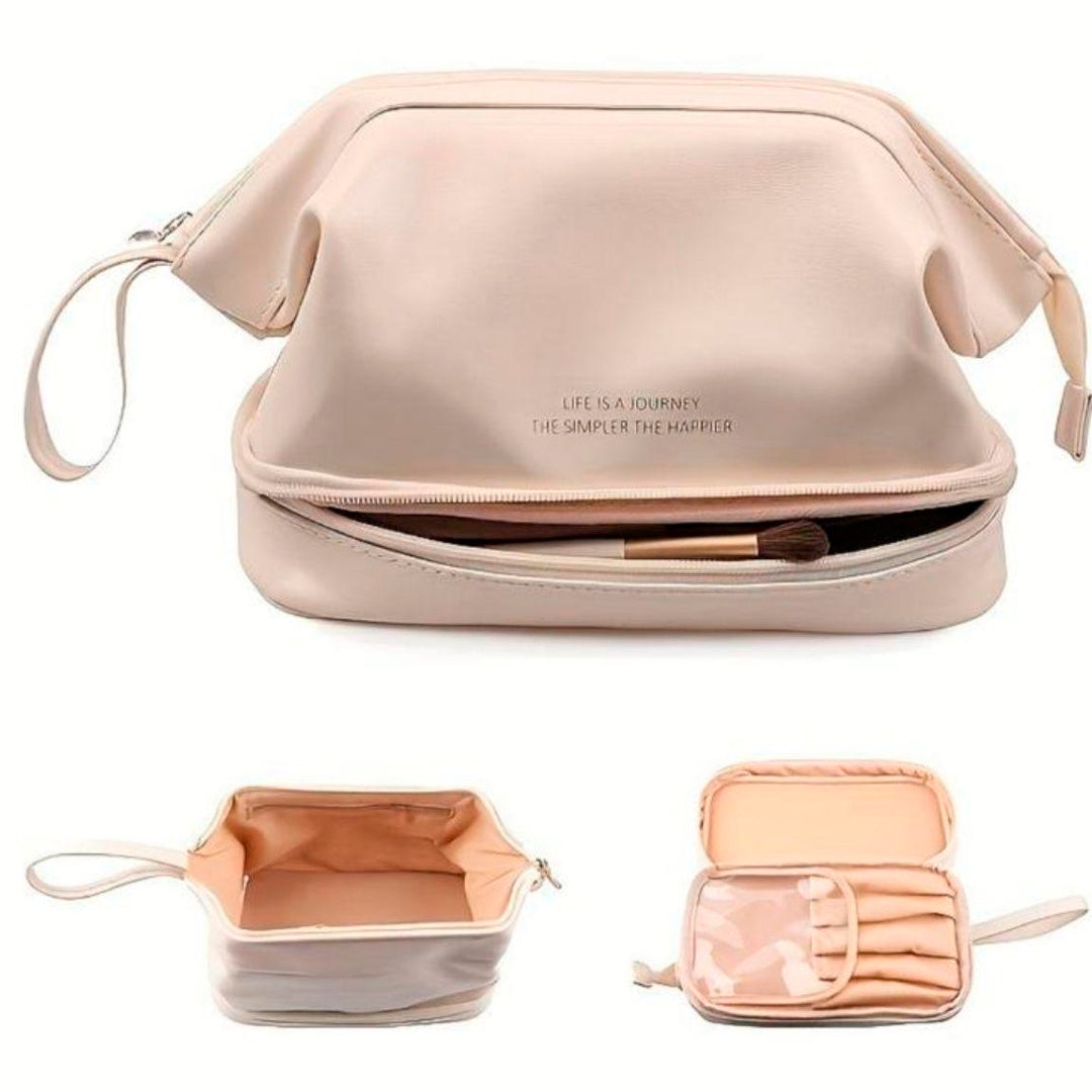 Neceser organizador de cosméticos doble capa impermeable color beige para maquillaje y productos de cuidado personal.