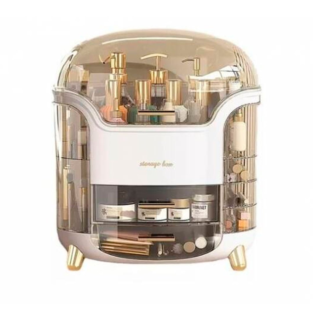 Organizador de cosméticos con tapa transparente y múltiples compartimentos para maquillaje, perfumes y productos de belleza.