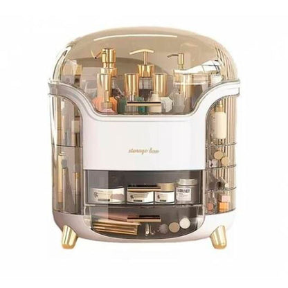 Organizador de cosméticos con tapa transparente y múltiples compartimentos para maquillaje, perfumes y productos de belleza.