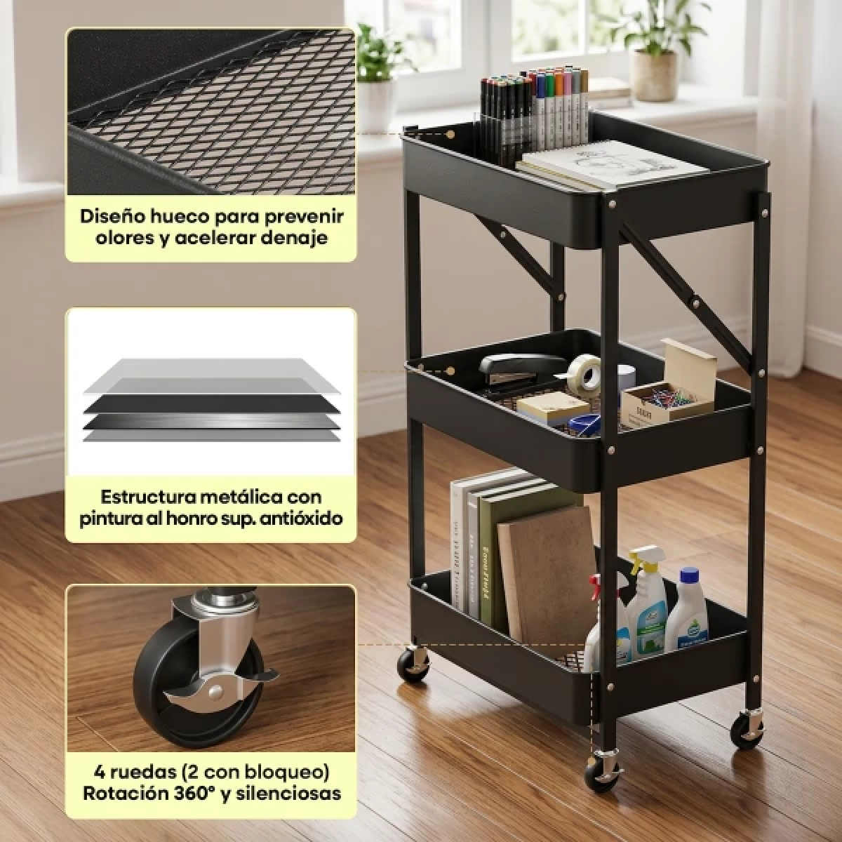 Organizador Multiuso Carrito Plegable Metálico con 3 Estantes - InnovaHome