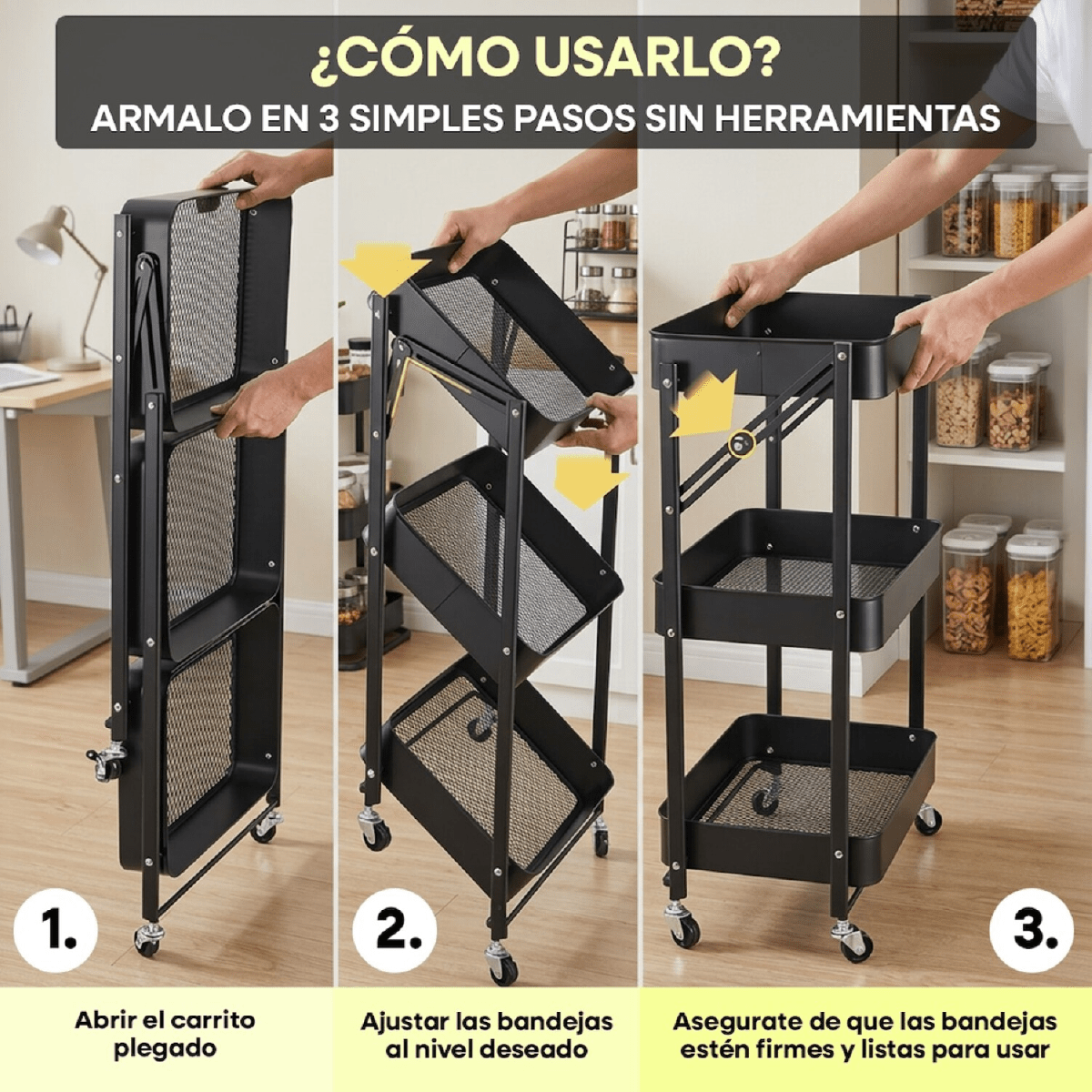 Organizador Multiuso Carrito Plegable Metálico con 3 Estantes - InnovaHome