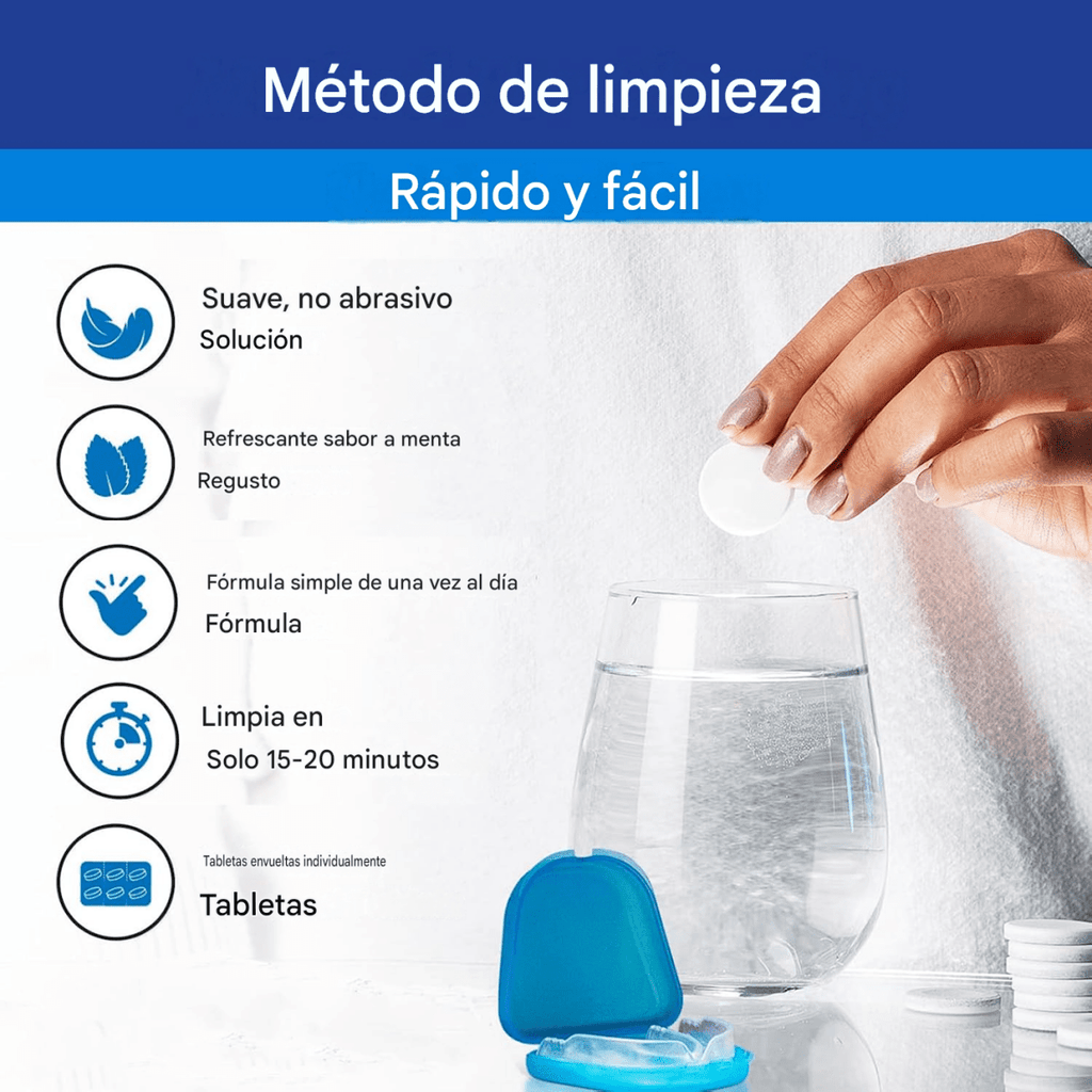 Tabletas limpiadoras para retenedores dentales, alineadores y prótesis con limpieza profunda y frescura de menta.