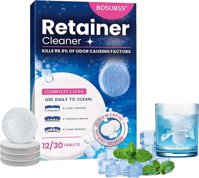 Tabletas limpiadoras para retenedores dentales, alineadores y prótesis con limpieza profunda y frescura de menta.