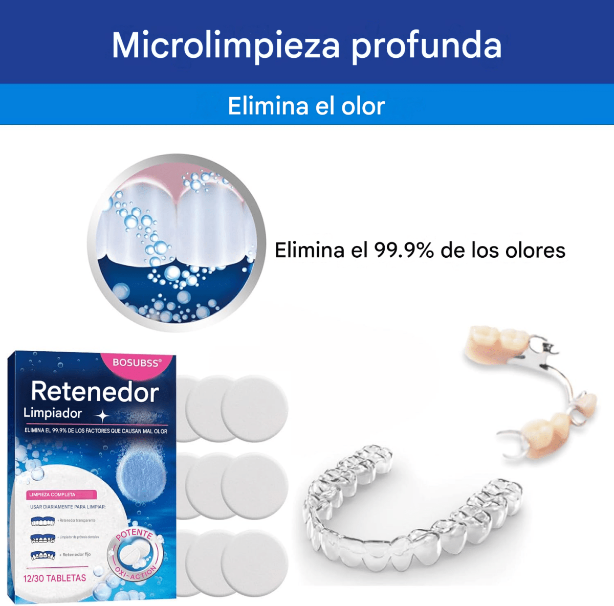 Tabletas limpiadoras para retenedores dentales, alineadores y prótesis con limpieza profunda y frescura de menta.