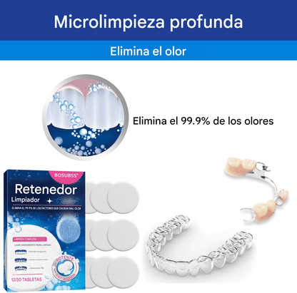 Tabletas limpiadoras para retenedores dentales, alineadores y prótesis con limpieza profunda y frescura de menta.