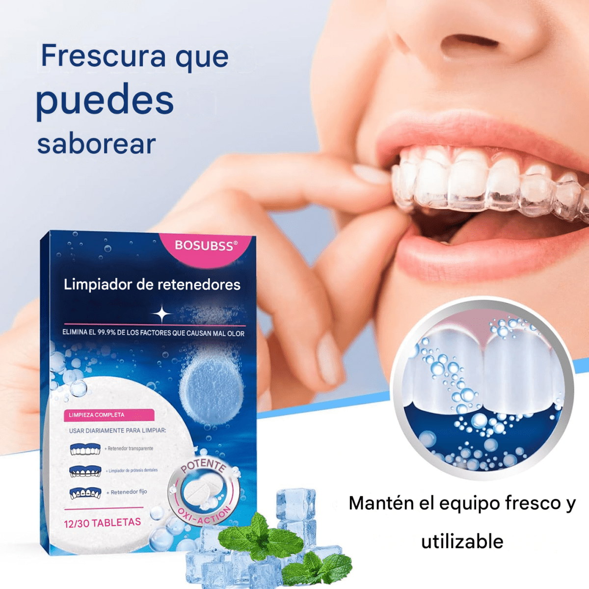 Tabletas limpiadoras para retenedores dentales, alineadores y prótesis con limpieza profunda y frescura de menta.