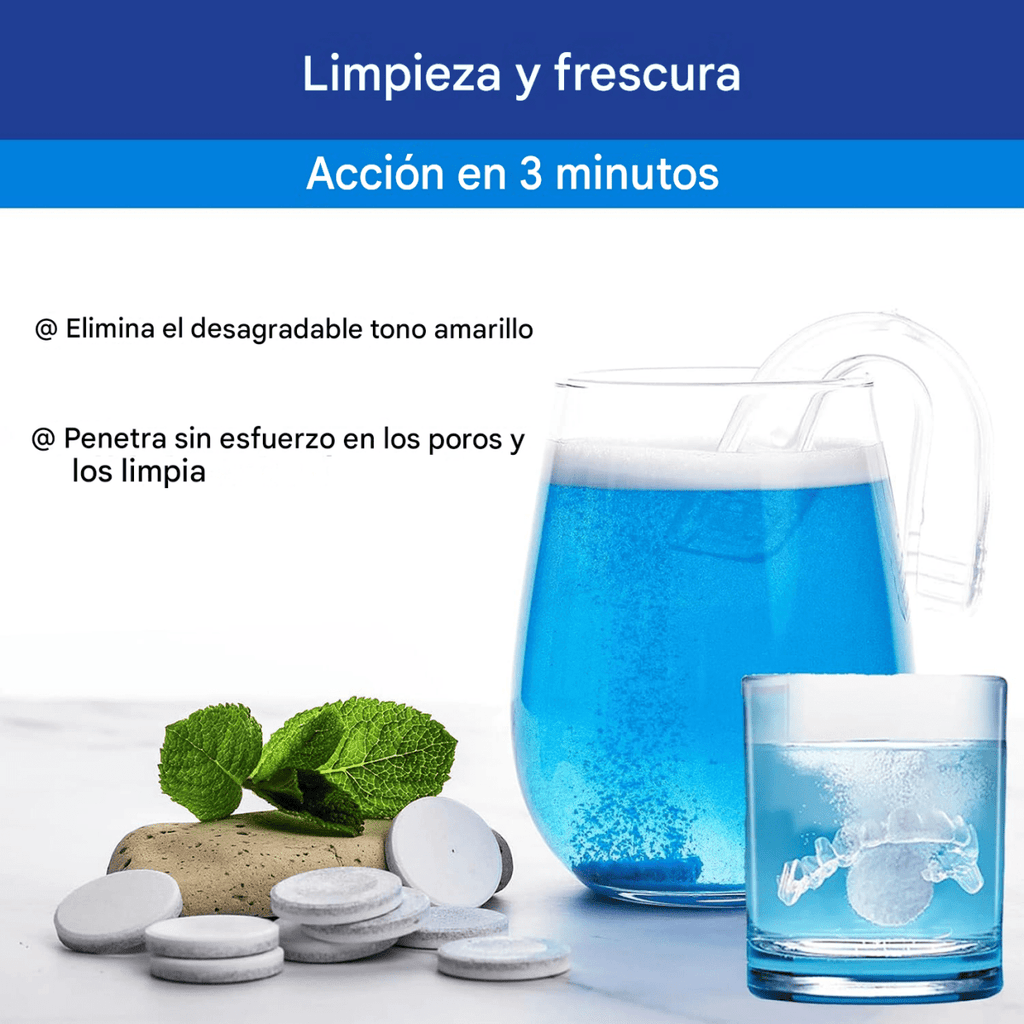 Tabletas limpiadoras para retenedores dentales, alineadores y prótesis con limpieza profunda y frescura de menta.
