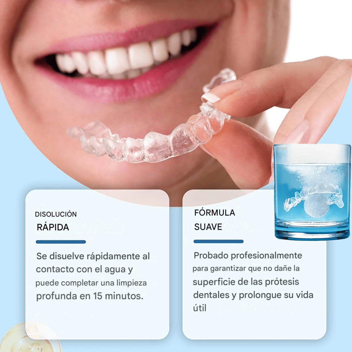 Tabletas limpiadoras para retenedores dentales, alineadores y prótesis con limpieza profunda y frescura de menta.