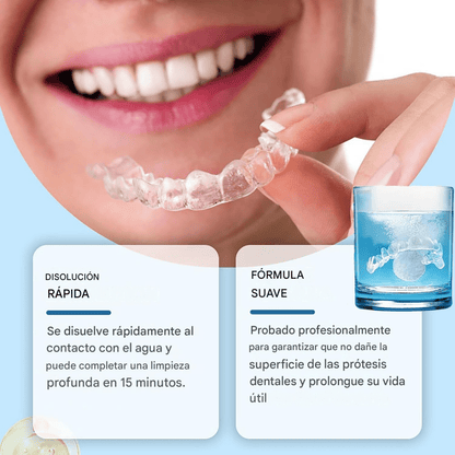 Tabletas limpiadoras para retenedores dentales, alineadores y prótesis con limpieza profunda y frescura de menta.