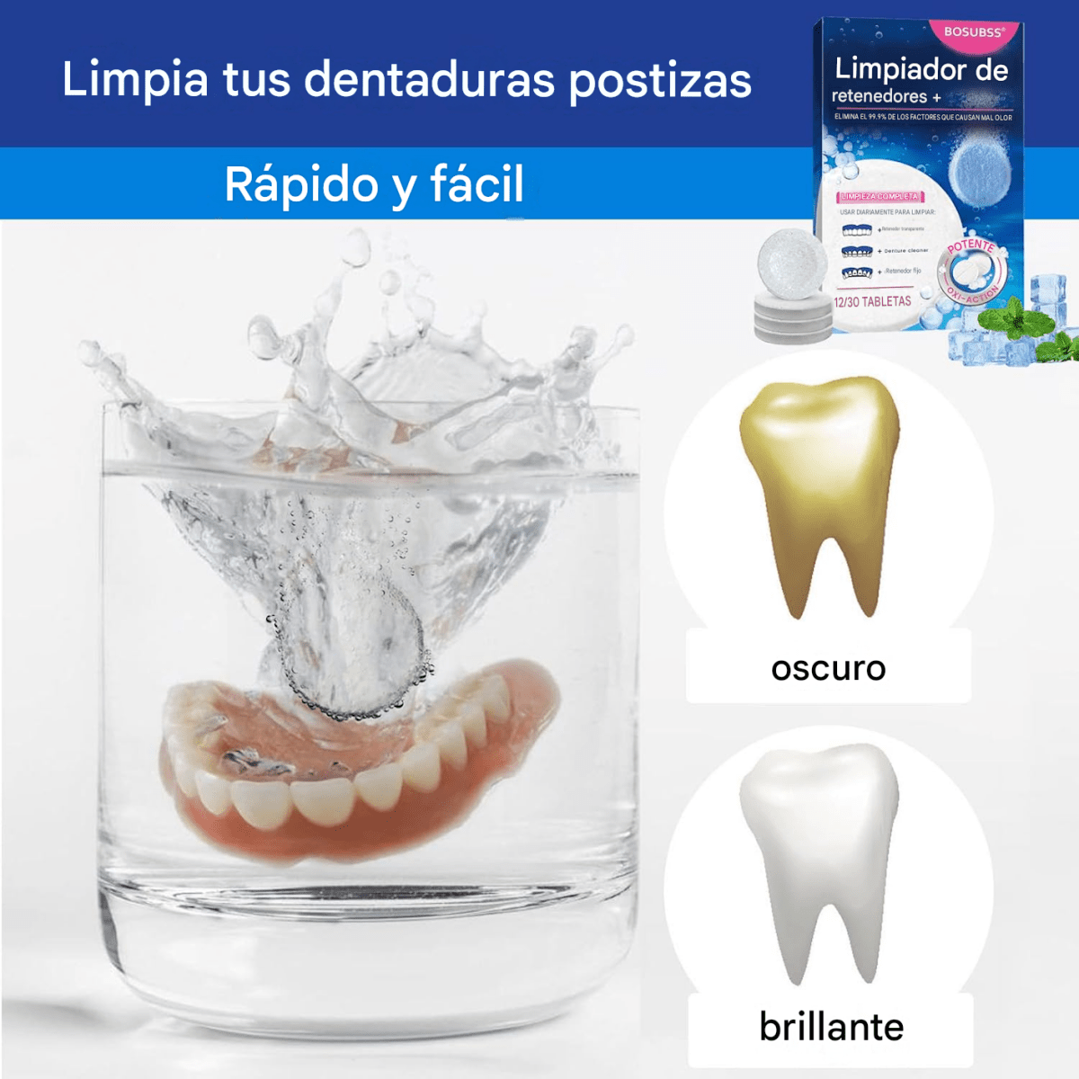 Tabletas limpiadoras para retenedores dentales, alineadores y prótesis con limpieza profunda y frescura de menta.
