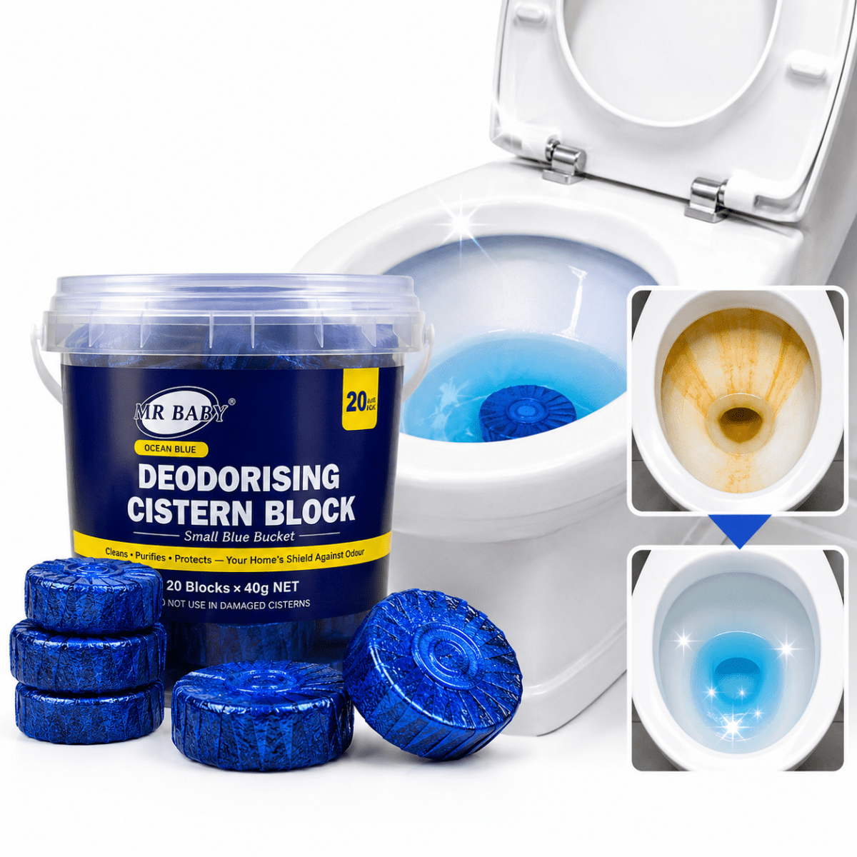 Pastillas para cisterna de inodoro con acción automática para limpiar, reducir sarro y eliminar malos olores del baño.