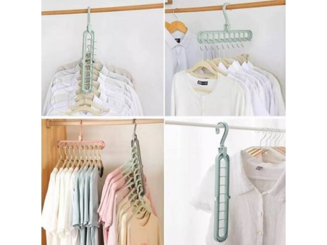 Percha 9 en 1 organizadora de armario para ahorrar espacio y mantener la ropa ordenada en forma vertical.