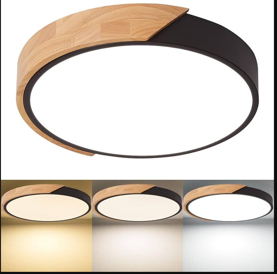 Luminaria Plafón Led De Techo Nórdico En Metal Y Madera 30cm