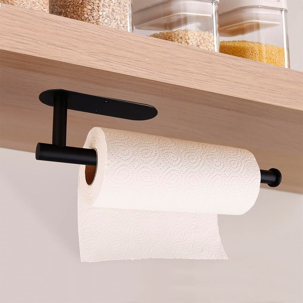 Porta rollo de papel de cocina adhesivo de hierro para pared, con opción de tornillos y diseño resistente para cocina.
