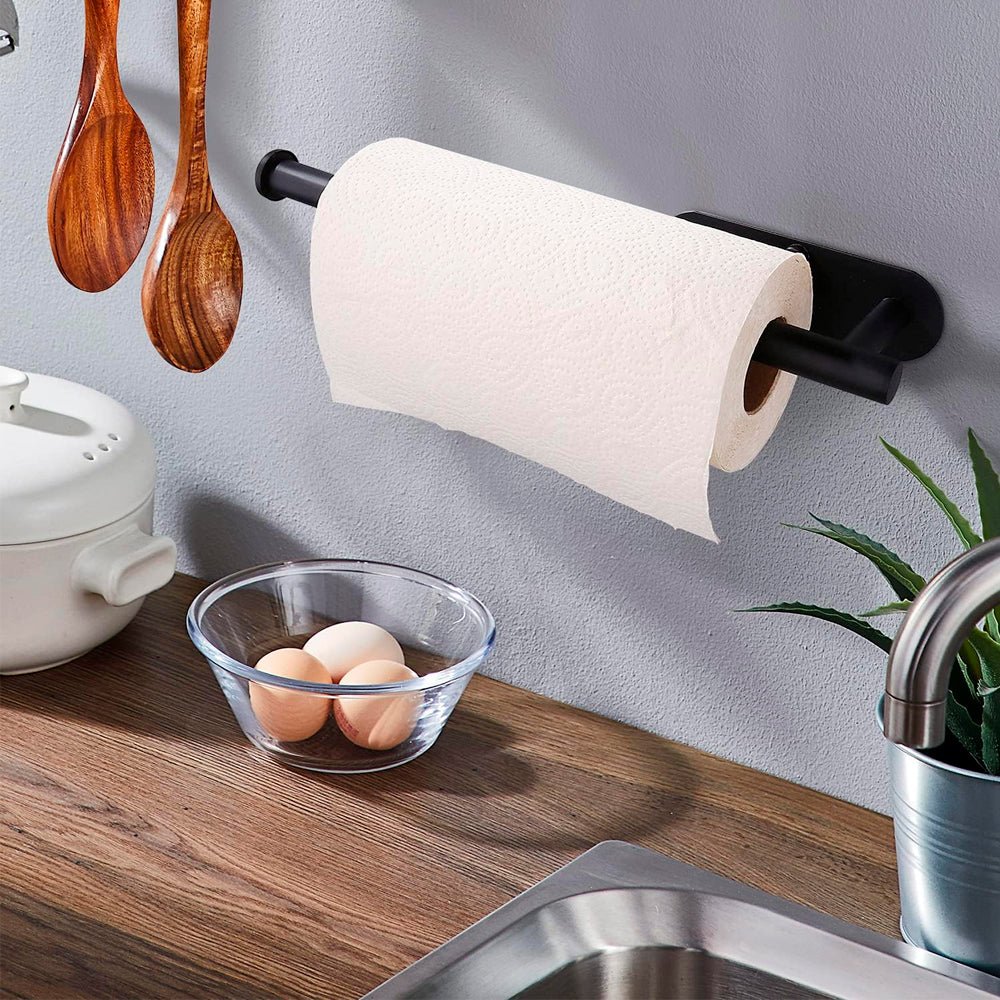 Porta rollo de papel de cocina adhesivo de hierro para pared, con opción de tornillos y diseño resistente para cocina.