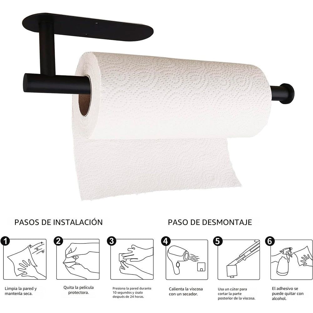 Porta rollo de papel de cocina adhesivo de hierro para pared, con opción de tornillos y diseño resistente para cocina.