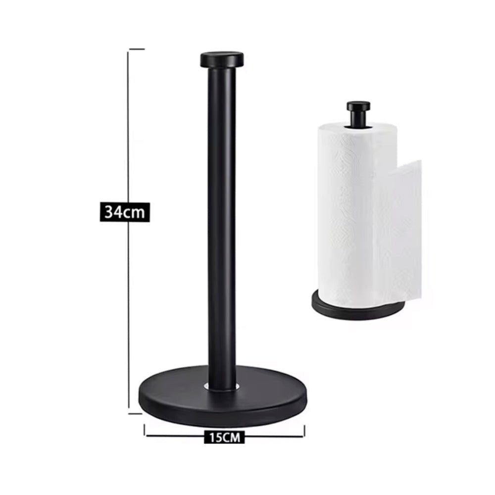 Soporte metálico de mesa para rollo de papel de cocina con base estable y diseño elegante para encimera.