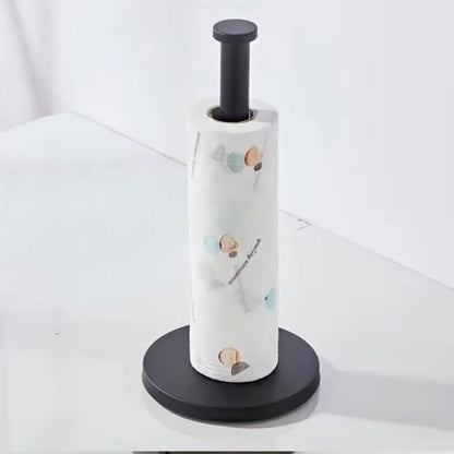 Soporte metálico de mesa para rollo de papel de cocina con base estable y diseño elegante para encimera.