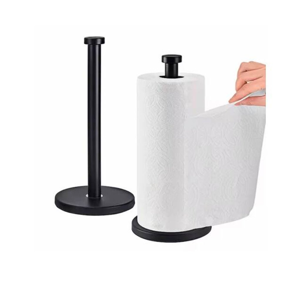 Soporte metálico de mesa para rollo de papel de cocina con base estable y diseño elegante para encimera.