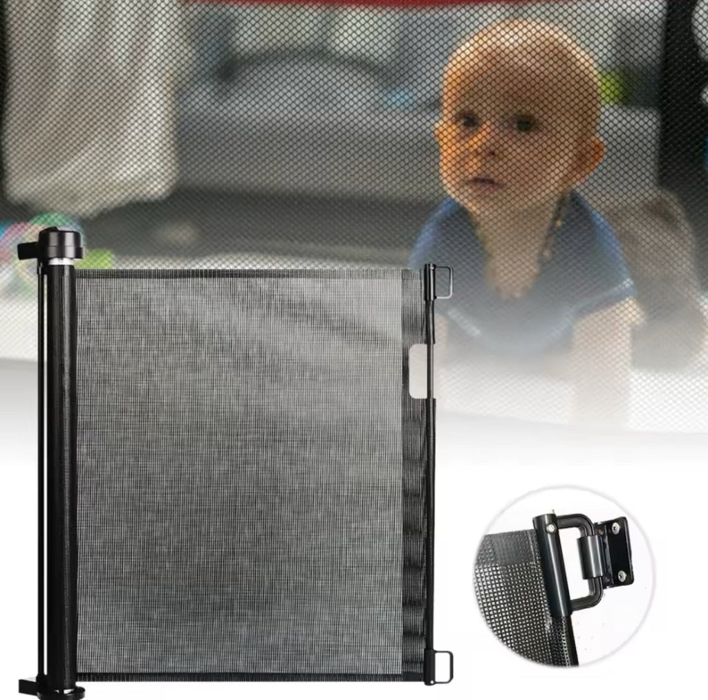 Puerta barrera de seguridad retráctil para bebés niños y mascotas de hasta 145cm ideal para escaleras y accesos del hogar.
