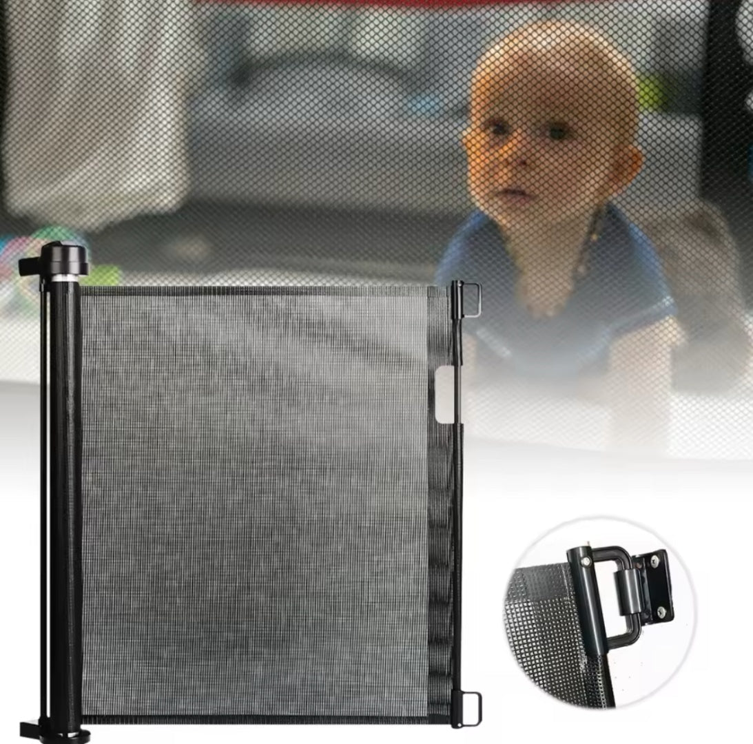 Puerta barrera de seguridad retráctil para bebés niños y mascotas de hasta 145cm ideal para escaleras y accesos del hogar.