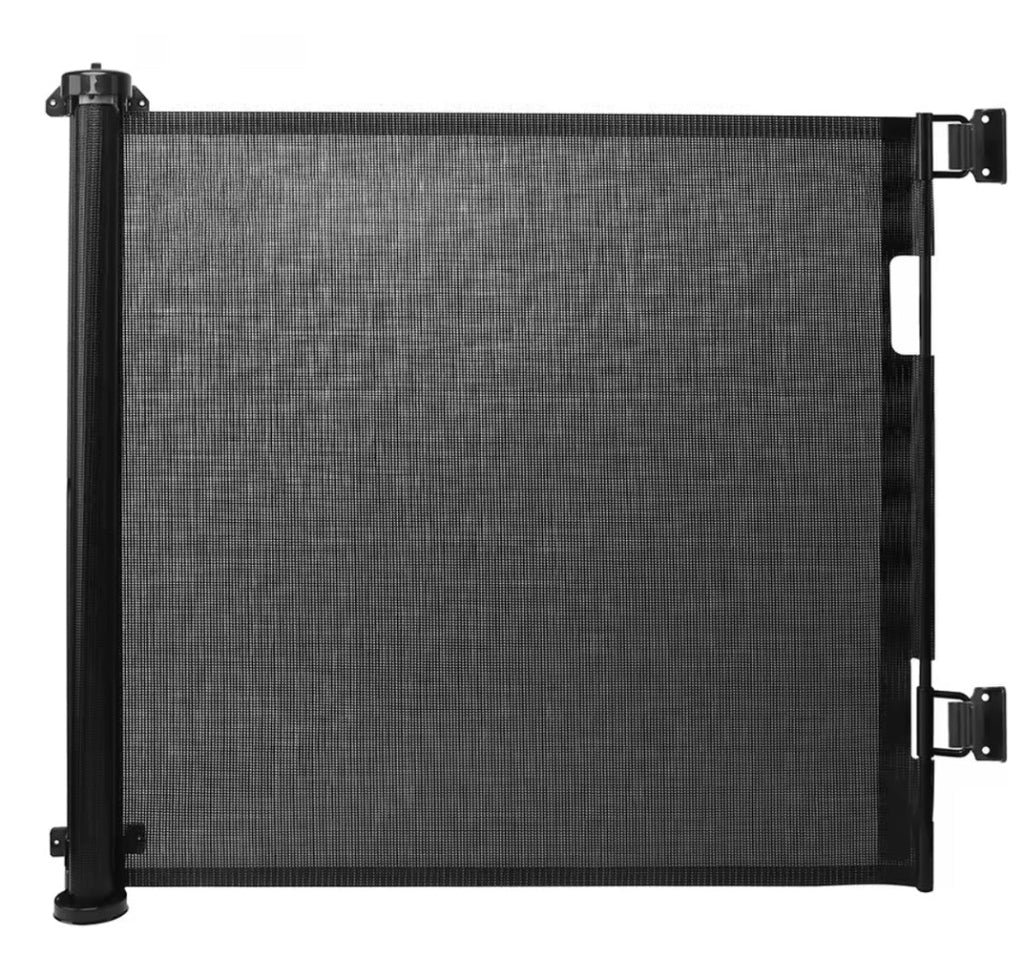 Puerta barrera de seguridad retráctil para bebés niños y mascotas de hasta 145cm ideal para escaleras y accesos del hogar.