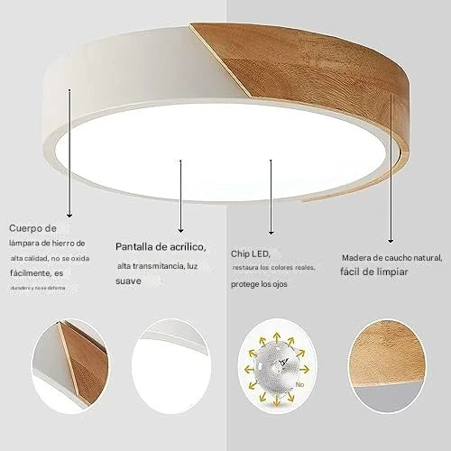 Luminaria Plafón Led De Techo Nórdico En Metal Y Madera 30cm
