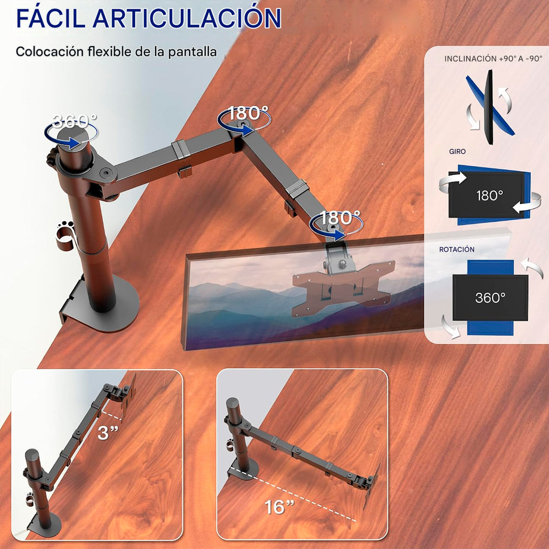Soporte de monitor ajustable para escritorio de 17 a 27 pulgadas compatible con VESA y altura regulable de acero.