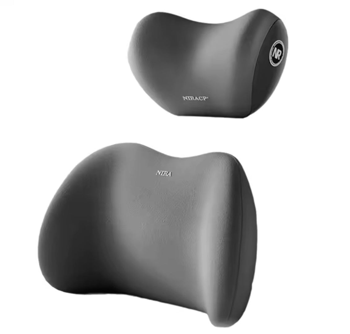 Set de almohadas ergonómicas para auto con soporte lumbar y reposacabeza de espuma viscoelástica para viajes cómodos.