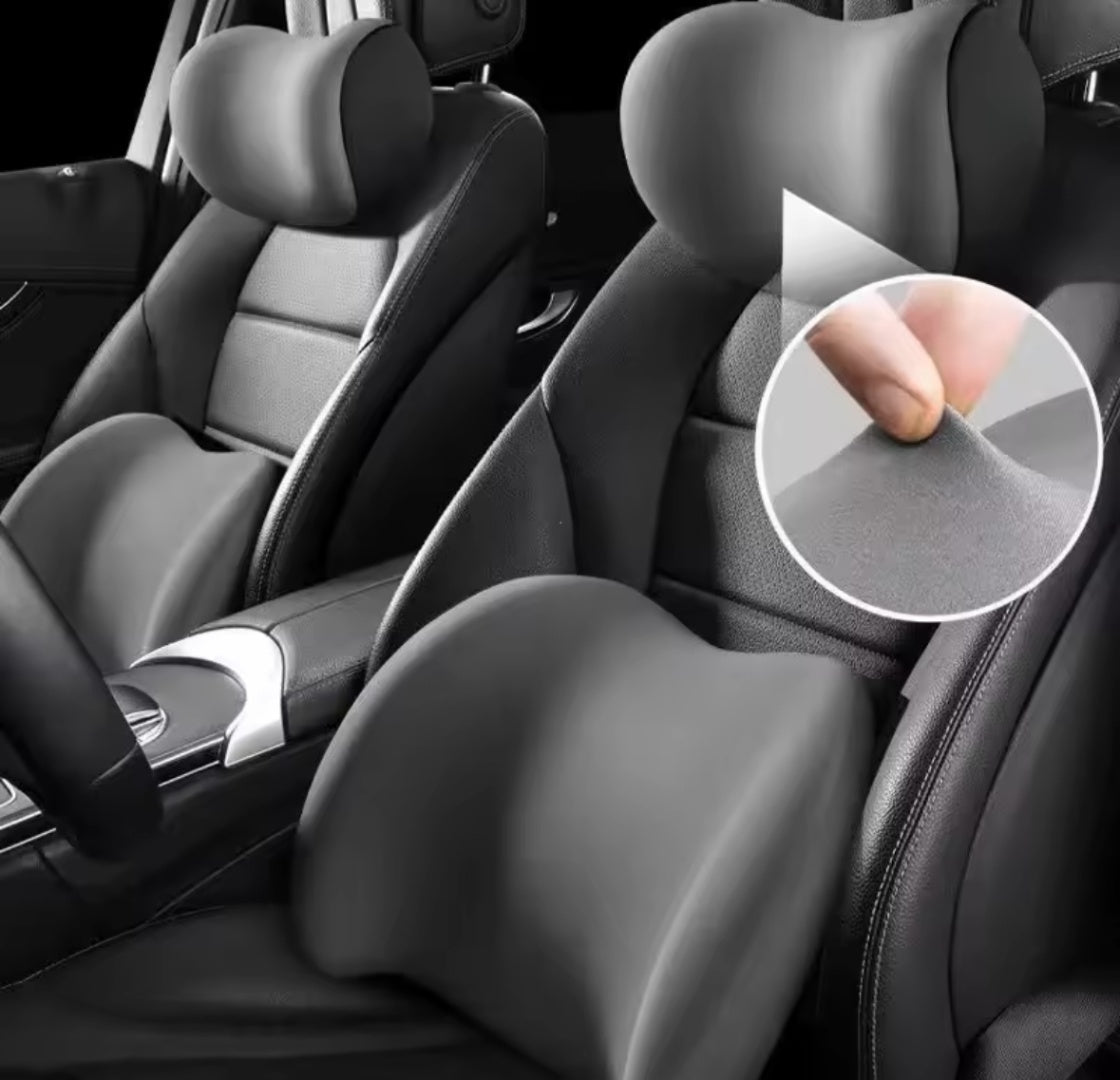 Set de almohadas ergonómicas para auto con soporte lumbar y reposacabeza de espuma viscoelástica para viajes cómodos.