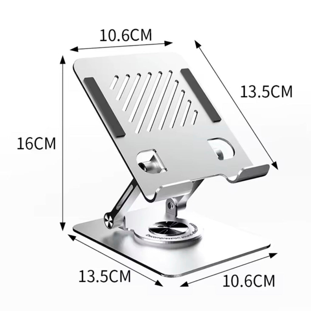Soporte plegable de aluminio para tablet, iPad y celular con ángulo ajustable y base antideslizante hasta 13 pulgadas.