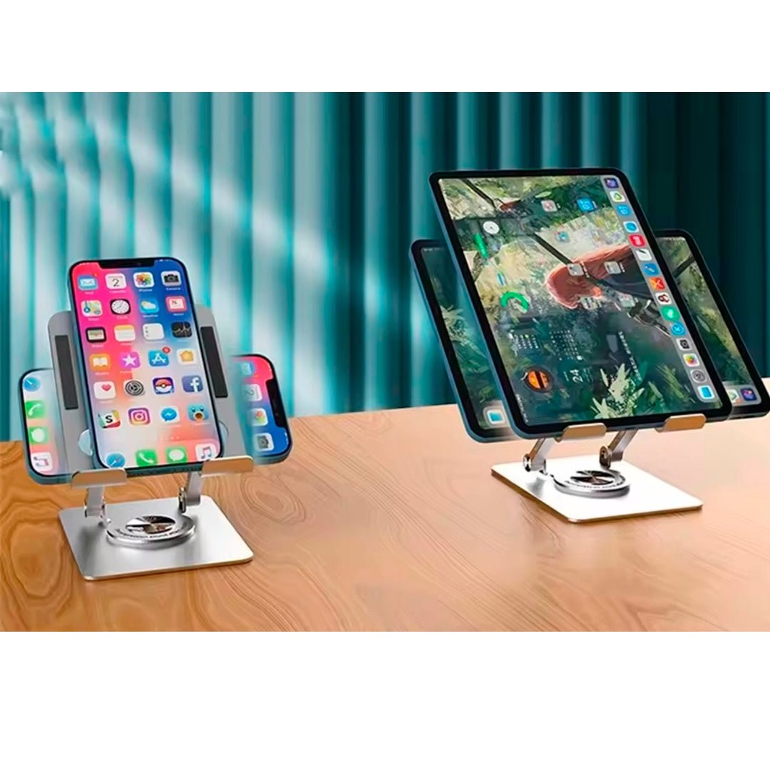 Soporte plegable de aluminio para tablet, iPad y celular con ángulo ajustable y base antideslizante hasta 13 pulgadas.