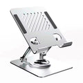 Soporte plegable de aluminio para tablet, iPad y celular con ángulo ajustable y base antideslizante hasta 13 pulgadas.