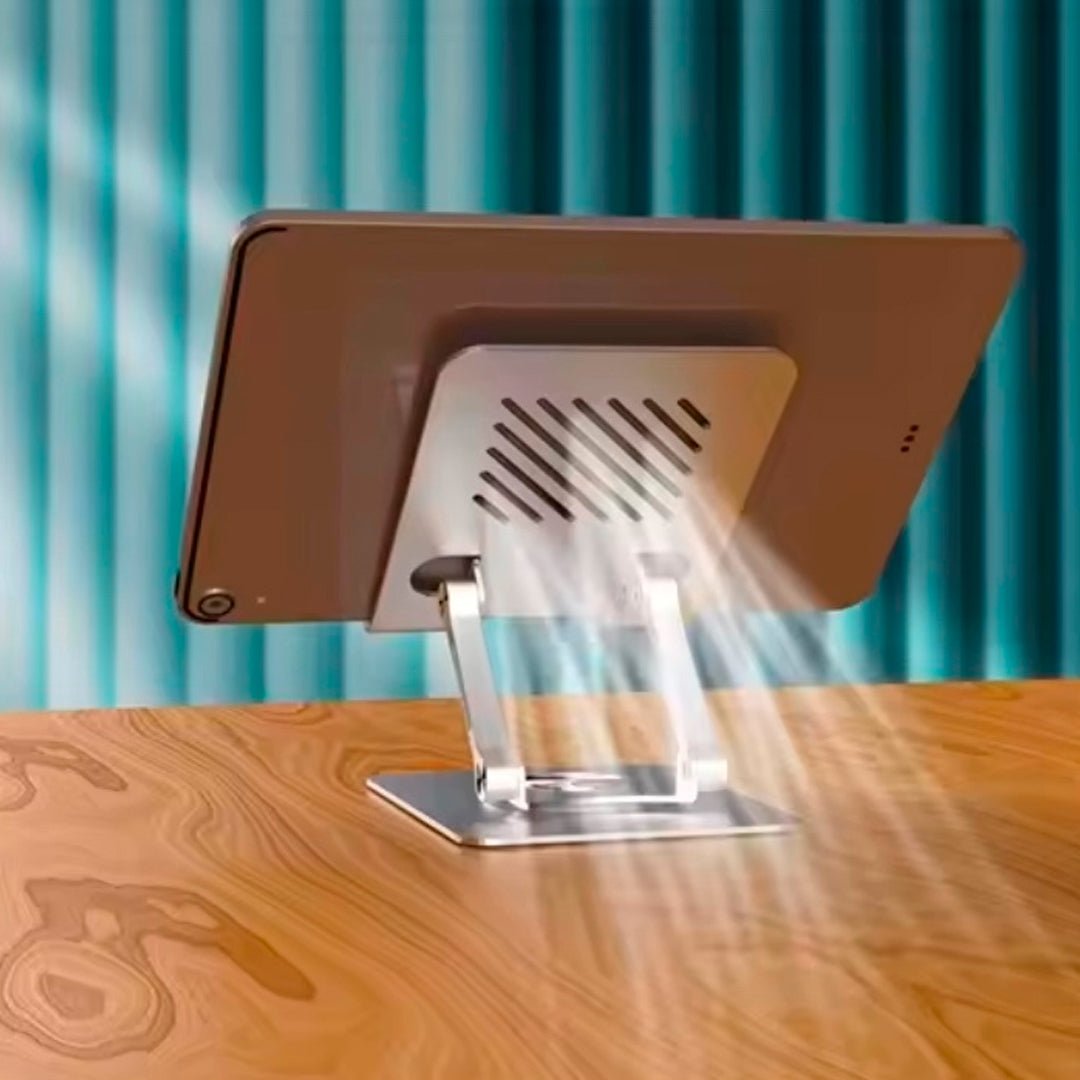 Soporte plegable de aluminio para tablet, iPad y celular con ángulo ajustable y base antideslizante hasta 13 pulgadas.