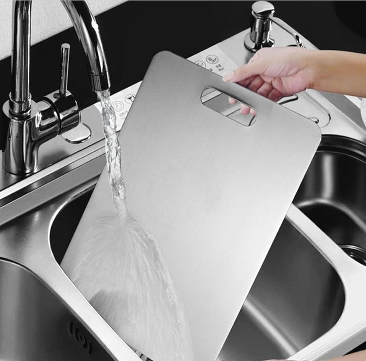 Tabla para picar de acero inoxidable SUS 304 de 46 x 30 cm para cortar carnes, verduras, frutas y pan.