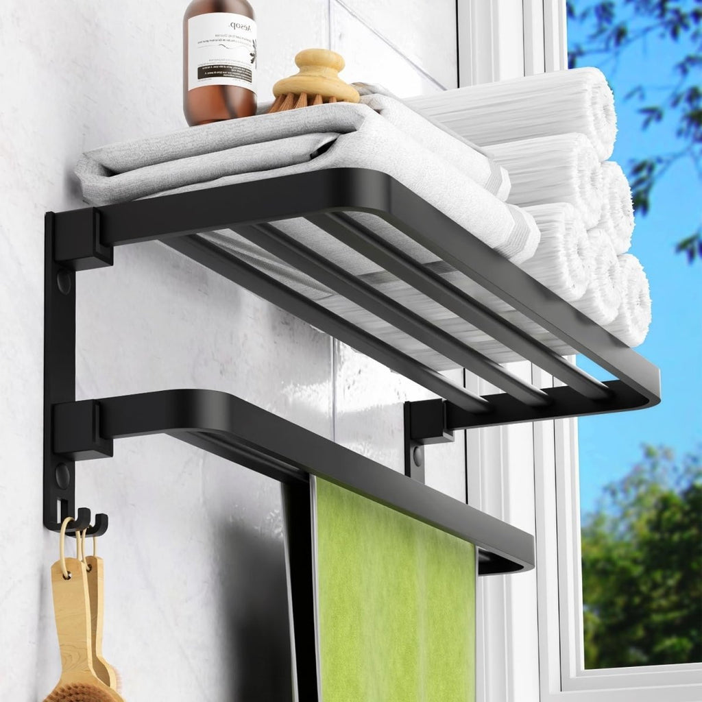 Toallero doble plegable de acero inoxidable negro para baño o cocina con barra abatible y diseño de pared.