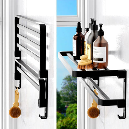 Toallero doble plegable de acero inoxidable negro para baño o cocina con barra abatible y diseño de pared.