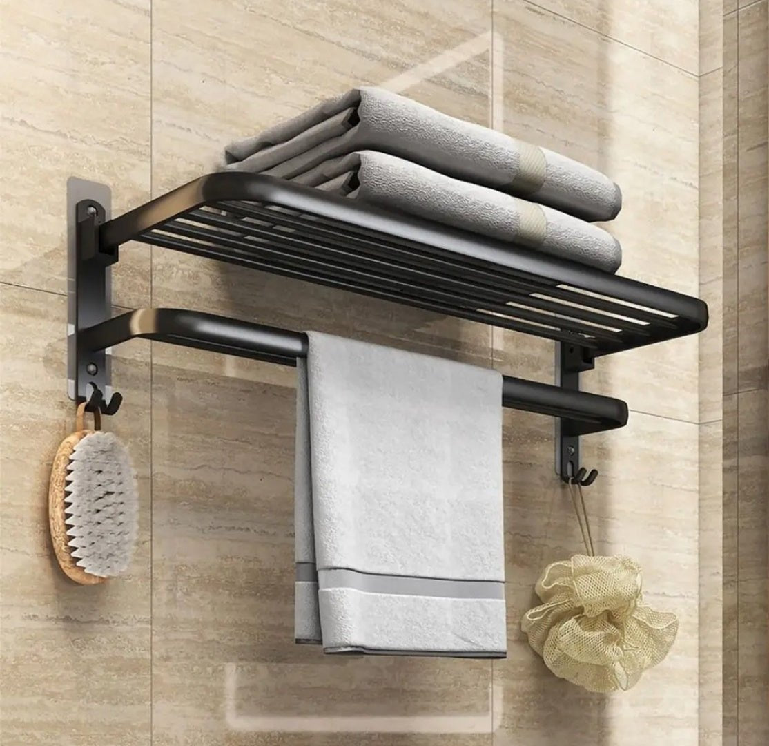 Toallero doble plegable de acero inoxidable negro para baño o cocina con barra abatible y diseño de pared.