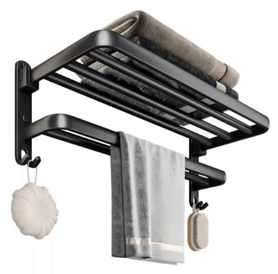 Toallero doble plegable de acero inoxidable negro para baño o cocina con barra abatible y diseño de pared.