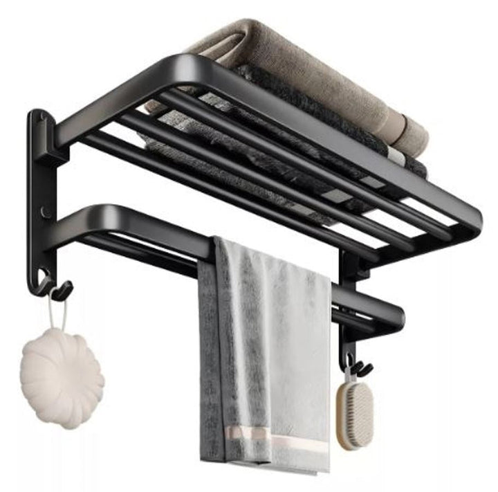 Toallero doble plegable de acero inoxidable negro para baño o cocina con barra abatible y diseño de pared.